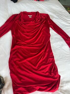 Cache Red Draped Cowl Neck Long Sleeve Top